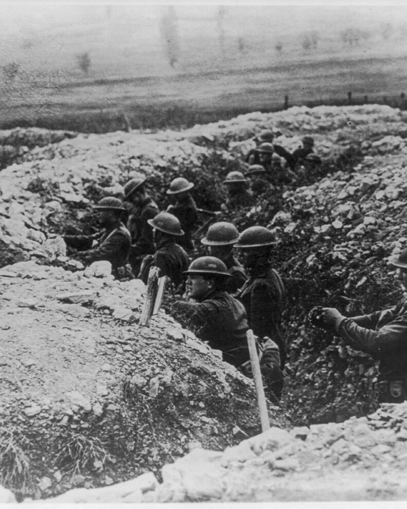American soldiers resting in a trench during the First World War, 1918